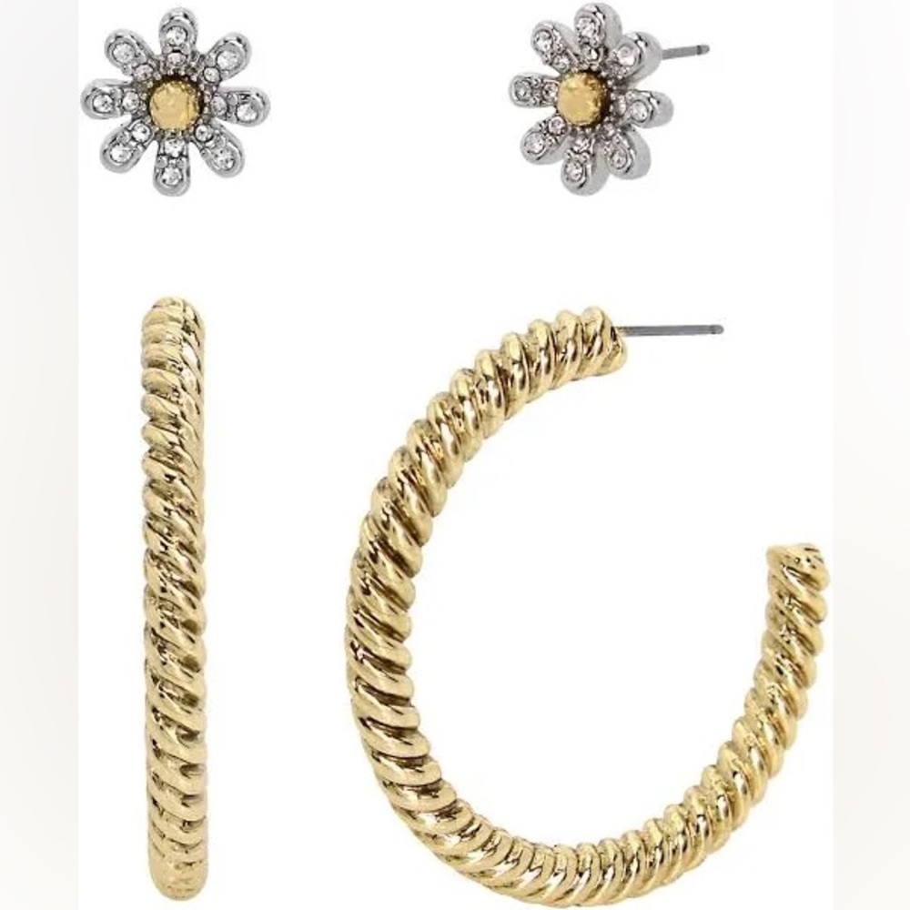 Gold Twisted Hoop Earrings and Flower Studs